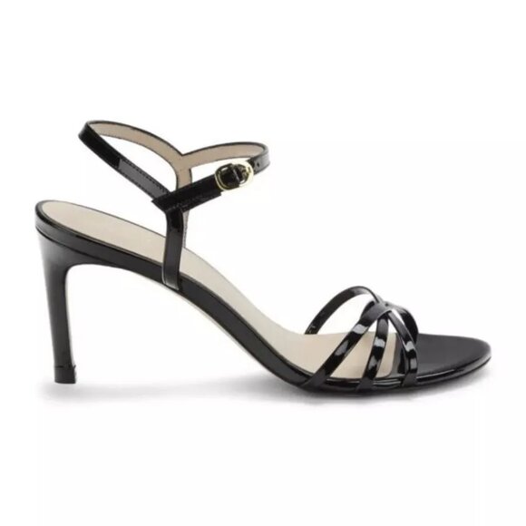 Stuart Weitzman Starla 80 Strappy Heel Sandal in Black Patent